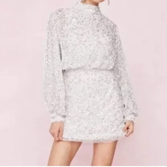 Nasty Gal | Dresses | Nasty Gal Balloon Sleeve Sequin Embellished Mini Dress  White Nwt | Poshmark